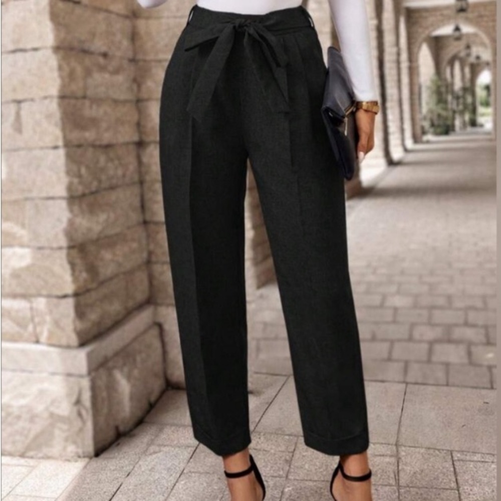 SHEIN Black Tie-Waist Women’s Trousers – High Waist, Relaxed Fit (Size M) - Picture 7 of 8